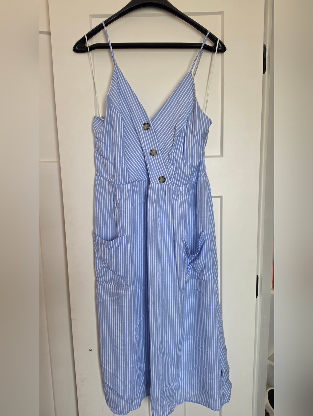 Good Luck Gem Blue & White Striped Spaghetti Strap Midi Dress